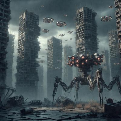 Primary subject: A robot with a lot of guns on it.
Setting/background: A city with tall buildings and a cloudy sky.
Visual style: Digital art.
Colors and mood: The robot is red and black, giving it a menacing appearance. The cityscape is dark and moody, with the cloudy sky adding to the overall atmosphere.